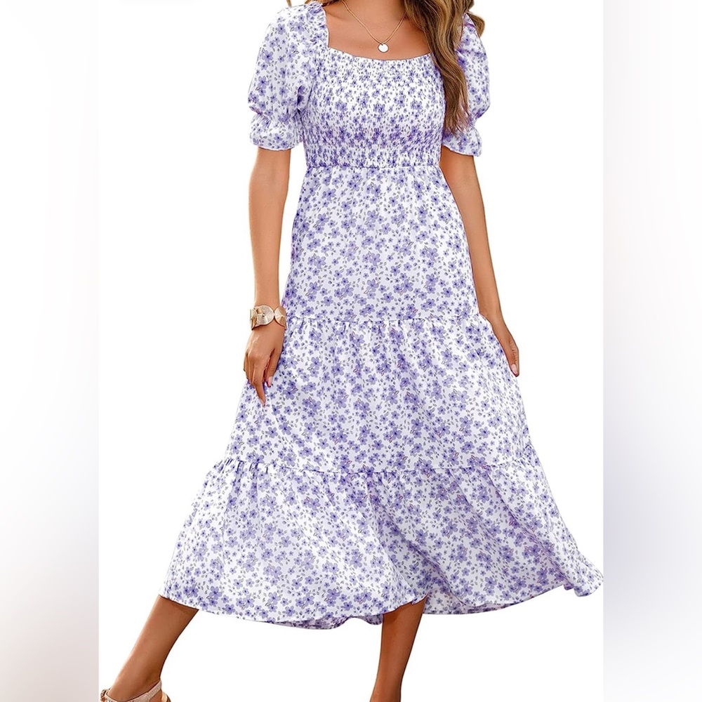 NWOT Purple floral, Smocked, Boho, Midi, Puff Sleeve Dress, Size XL